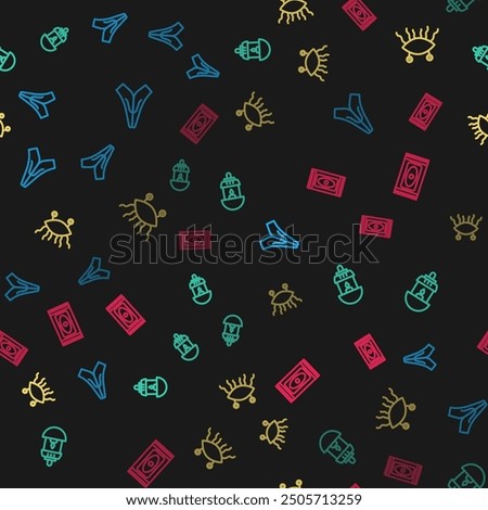 Set line Hands in praying position, Ramadan Kareem lantern, Pastafarianism and Traditional carpet on seamless pattern. Vector