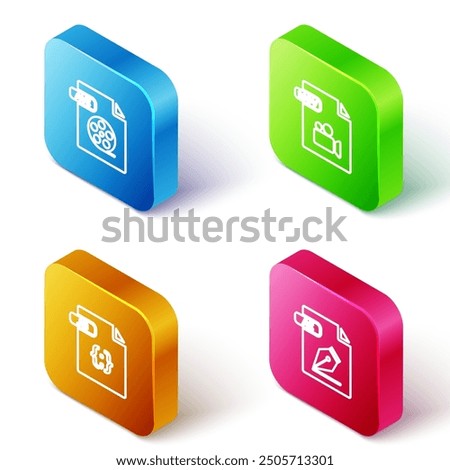 Set Isometric line AVI file document, MOV, JS and AI icon. Vector