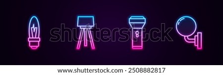 Set line Light bulb, Floor lamp, Flashlight and Wall sconce. Glowing neon icon. Vector