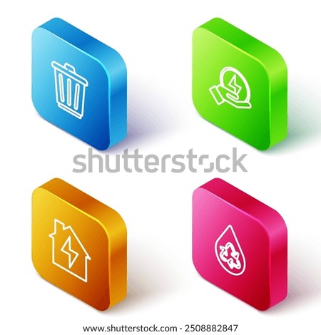 Set Isometric line Trash can, Lightning bolt, House and lightning and Recycle clean aqua icon. Vector