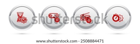 Set line Hourglass setting, Gamepad, Radio and Time management. Silver circle button. Vector