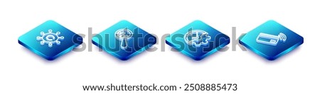 Set Isometric line Copywriting network, Magnifying glass and analysis, Clock gear and Contactless payment icon. Vector