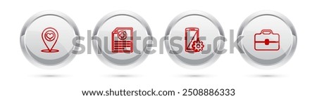 Set line Map pointer with heart, Clinical record, Setting on smartphone and Toolbox. Silver circle button. Vector