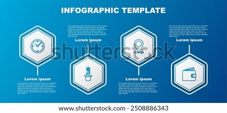 Set line Clock, Dollar plant in the pot, Map pin and Wallet. Business infographic template. Vector