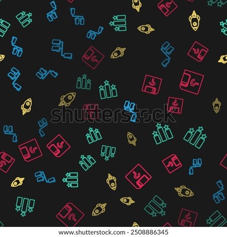 Set line Folder tree, Ranking star, Rocket ship with fire and Unknown document on seamless pattern. Vector