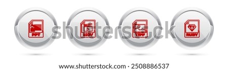 Set line PPT file document, MOV, TIFF and RUBY. Silver circle button. Vector