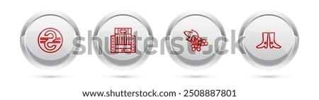 Set line Ukrainian hryvnia, Hotel Ukraina building, Branch viburnum and footwear. Silver circle button. Vector