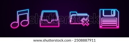 Set line Music note, tone, Social media inbox, Delete folder and Floppy disk. Glowing neon icon. Vector