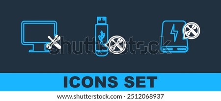 Set line Power bank service, Computer monitor and USB flash drive icon. Vector