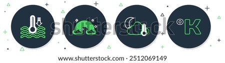 Set line Rainbow with clouds, Thermometer and cloud, moon, Water thermometer and Kelvin icon. Vector