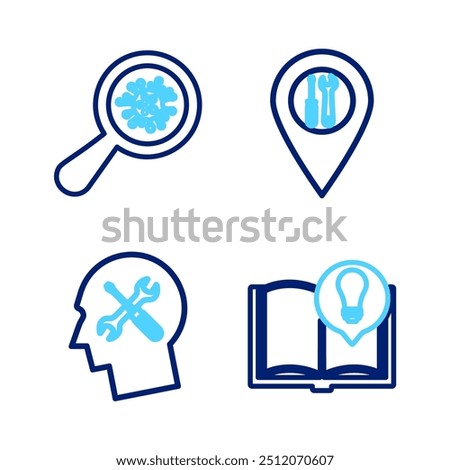 Set line Interesting facts, Human head service, Location and Microorganisms under magnifier icon. Vector