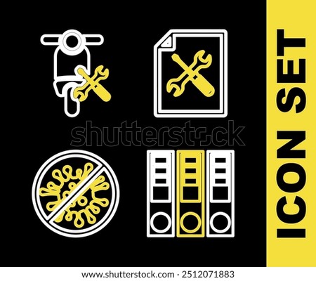 Set line File document service, Office folders, Stop virus, bacteria and Scooter icon. Vector