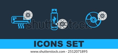 Set line CD or DVD disk setting, Air conditioner and USB flash drive icon. Vector