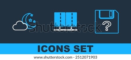 Set line Unknown document, Cloud with moon and stars and Server, Data, Web Hosting icon. Vector