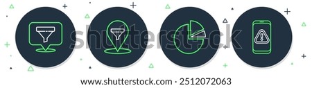 Set line Location with sales funnel, Pie chart infographic,  and Mobile exclamation mark icon. Vector