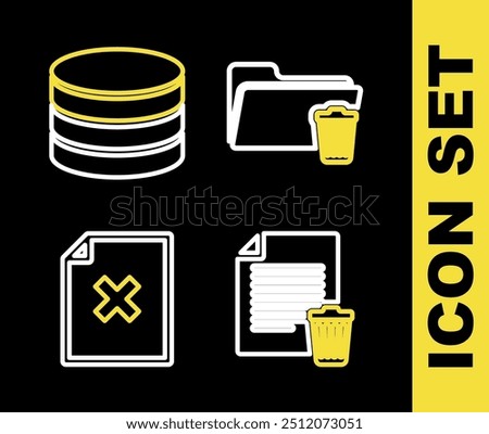 Set line Delete folder, file document,  and Database icon. Vector