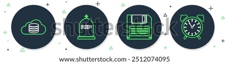 Set line Tombstone with RIP written, Floppy disk, Cloud database and Alarm clock icon. Vector