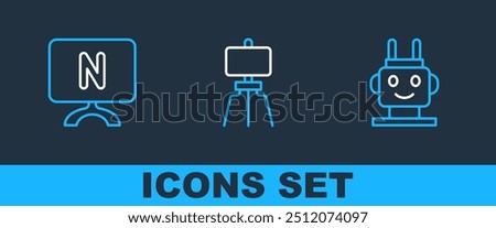 Set line Robot toy, Smart Tv and Wood easel icon. Vector