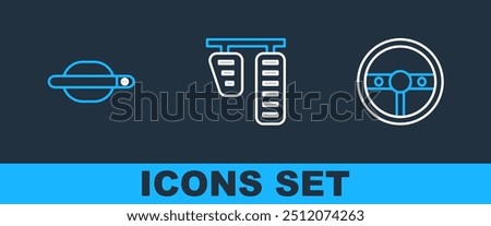 Set line Steering wheel, Car door handle and gas brake pedals icon. Vector