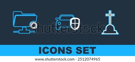 Set line Tombstone with cross, FTP sync refresh and Car protection or insurance icon. Vector