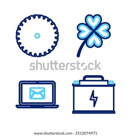 Set line Car battery, Laptop with envelope, Four leaf clover and Circular saw blade icon. Vector