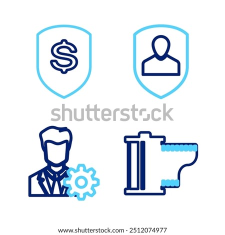 Set line Camera film roll cartridge, Profile settings, User protection and Shield and dollar icon. Vector