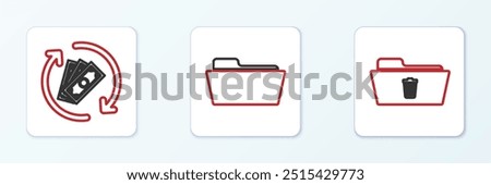 Set line Delete folder, Refund money and Folder icon. Vector