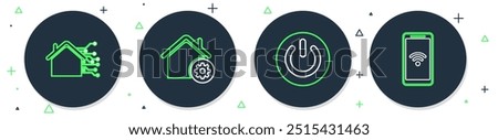 Set line Smart home settings, Power button,  and Mobile with heart rate icon. Vector