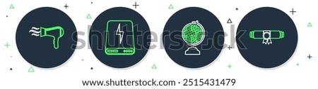 Set line Power bank, Download inbox, Hair dryer and Diploma rolled scroll icon. Vector