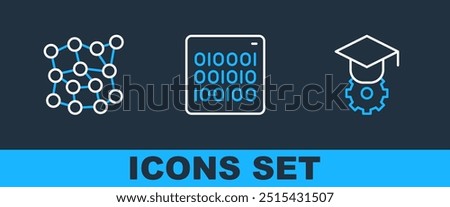 Set line Graduation cap, Neural network and Binary code icon. Vector