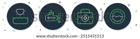 Set line Submarine, First aid kit, Sun and Ship porthole icon. Vector