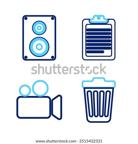 Set line Trash can, Movie or Video camera, Clipboard with document and Stereo speaker icon. Vector