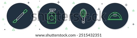 Set line Tube of hand cream, Nail file, Cuticle pusher and Manicure lamp icon. Vector