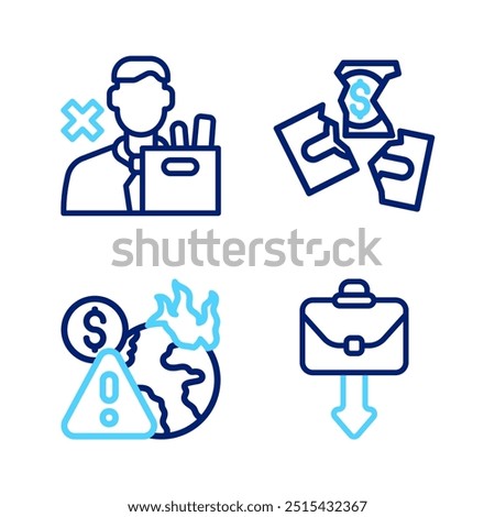 Set line Briefcase, Global economic crisis, Tearing money banknote and Employee dismissal icon. Vector