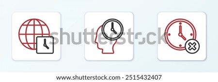 Set line Clock delete, World time and Time Management icon. Vector