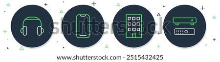 Set line Smartphone, House, Headphones and Multimedia and TV box icon. Vector