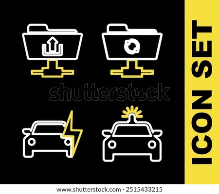 Set line FTP sync refresh, Police car and flasher, Electric and folder upload icon. Vector