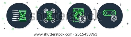 Set line Hourglass setting, Washer, Old hourglass with sand and Gamepad icon. Vector