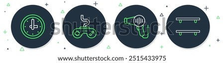 Set line Gamepad, Hair dryer, Clock and Empty wooden shelves icon. Vector