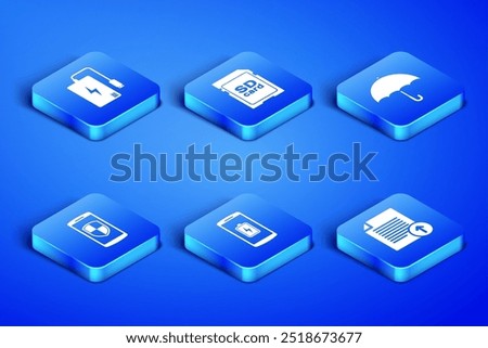 Set Upload file, Power bank, Smartphone battery charge, with shield, SD card and Umbrella icon. Vector