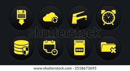 Set Database protection, Alarm clock, Calendar and, SSD card, Water tap and Cloud sync refresh icon. Vector