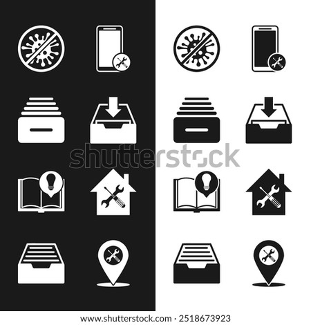 Set Download inbox, Drawer with documents, Stop virus, bacteria, Mobile service, Interesting facts, House, Location and  icon. Vector