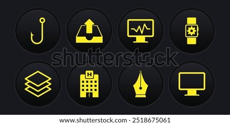 Set Layers, Smartwatch setting, Medical hospital building, Fountain pen nib, Monitor with cardiogram and Upload inbox icon. Vector