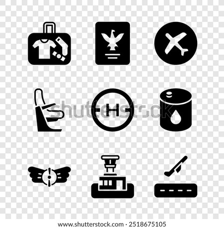 Set Suitcase, Passport, Plane, Aviation emblem, Airport control tower, takeoff, Airplane seat and Helicopter landing pad icon. Vector