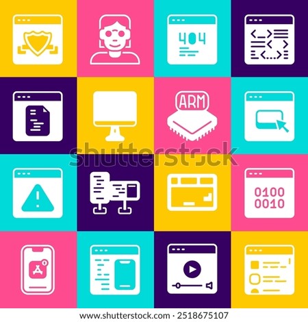 Set Browser files, Binary code, Page with 404 error, Computer monitor screen, Software, shield and Processor icon. Vector