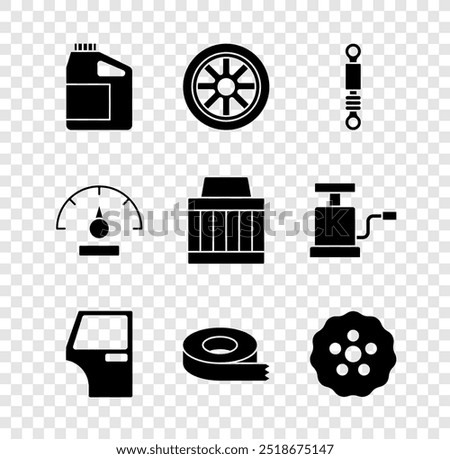 Set Canister for motor oil, Car wheel, Shock absorber, door, Scotch tape, Gear, Speedometer and air filter icon. Vector