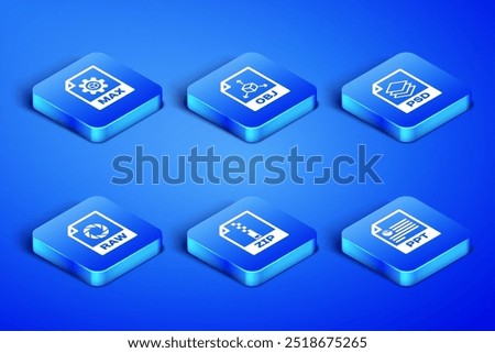 Set PPT file document, MAX, ZIP, RAW, OBJ and PSD icon. Vector