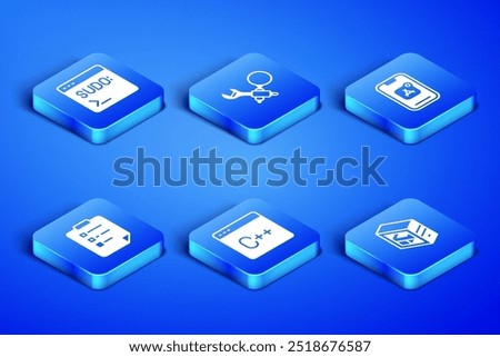 Set Computer, Code terminal, Software, Clipboard with checklist, Debugging and Mobile Apps icon. Vector