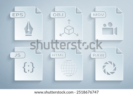 Set HTML file document, MOV, JS, RAW, OBJ and EPS icon. Vector