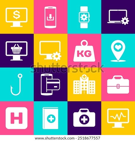 Set Monitor with cardiogram, Toolbox, Map pointer heart, Smartwatch setting, Computer monitor and gear and shopping basket icon. Vector